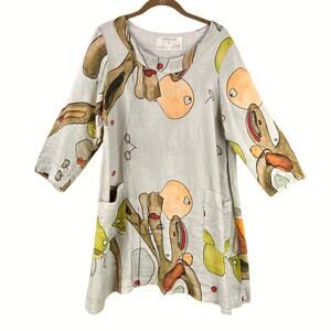 Grizas 100% Linen Art To Wear Tunic Dress Size S Tan Artsy Boho